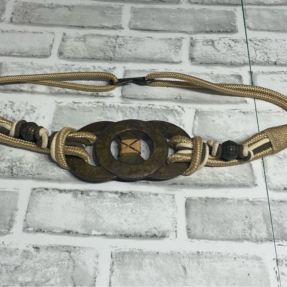 Vintage Leather Shop 1994 rope belt brass/bronze buckle hook patina tan brown